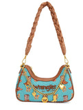 Wrangler Women's Western Cowboy Print Shoulder Bag in Turquoise with braided strap and charms