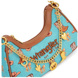 Wrangler Women's Western Cowboy Print Shoulder Bag in Turquoise with golden chain and charms.