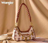 Wrangler Western Cowgirl Print Shoulder Bag in tan canvas with braided handle and PU leather, perfect for modern cowgirls.