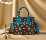 Wrangler Western Print Cowgirl Tote Bag in coffee with blue accents and western-themed design.