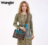 Wrangler Western Print Cowgirl Tote Bag worn as crossbody, showcasing durable canvas with vibrant design.