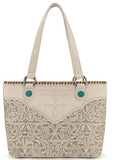 Montana West Tooled Floral Concealed Carry Tote Bag in tan PU leather with turquoise accents.