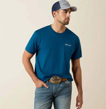 Ariat Men's Liquid Stamp Flag T-Shirt in Sailor Blue worn with jeans and a belt, perfect for western lifestyle.