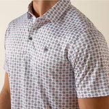 Ariat Men's All Over Print Fitted Polo featuring a stylish geometric design and UPF 50 sun protection for performance.