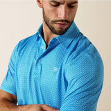 Ariat Men's Ibiza Blue Mini Geo Print Fitted Polo showcasing a stylish modern design on a male model.