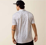 Ariat Men's White Western Toss Print Polo showcasing the playful print and performance design from the back.