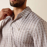 Ariat Men's Taupe Grey Southwest Geo Print Polo showcasing southwestern design and style for western lifestyle.
