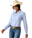 Ariat Women's Kirby Pro Long Sleeve Shirt in Ultramarine Stripe worn by a model with a cowboy hat.