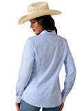 Ariat Women's Kirby Pro Long Sleeve Shirt in Ultramarine Stripe, back view with a cowboy hat.