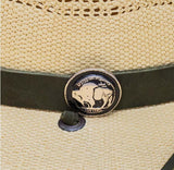 Stetson Mayfield Straw Hat close-up showing buffalo nickel pin and suede crown band.