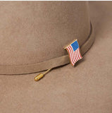 Close-up of the Stetson Skyline 6X Fur Felt Cowboy Hat featuring a patriotic American flag pin.