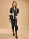 Wrangler Women's outfit featuring a black paisley bandana tote bag, denim shirt, and cowboy boots.