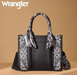 Wrangler Women's Braided Paisley Bandana Tote Bag in black with paisley details and scarf handle