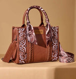 Wrangler Women's Paisley Print Tote Crossbody Bag in Brown Paisley with embroidered details and logo applique