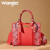 Wrangler Women's Braided Paisley Bandana Tote Bag in Red with paisley scarf handle and intricate embroidery.
