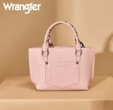 Wrangler women's pink braided paisley tote bag with scarf handle on a display.