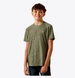 Ariat Youth Longskull Freedom T-Shirt in Dark Olive Heather on a boy, showcasing its moisture-wicking fabric for an active lifestyle.