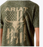 Ariat Youth Longskull Freedom T-Shirt featuring a bold Longskull graphic and American flag design on Dark Olive Heather.