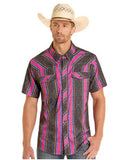 Rock & Roll Denim Men's TEK Ripstop Snap Shirt in black stripe, worn by a man with a cowboy hat, showcasing western style.