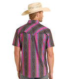 Rock & Roll Denim Men's TEK Ripstop Snap Shirt in black stripe, back view with cowboy hat.