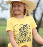 Cruel Girl Women's Retro Cowgirl Puff Print Short Sleeve Tee in yellow with a cowgirl and horse design.