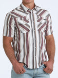 Cinch Men's short sleeve striped western snap shirt in white, mauve, and grey with pearl snaps and dual chest pockets.
