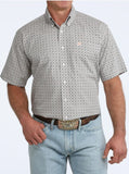 Cinch Men's Short Sleeve Geometric Print Button-Down Shirt in gray and pink, featuring a modern western design.