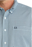 Cinch Men's Arenaflex Short Sleeve Shirt in blue featuring a stylish pattern and embroidered logo on pocket.