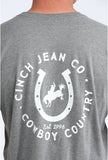 Cinch Men's Short Sleeve Tee in gray with graphic logo on back featuring horseshoe and cowboy design.