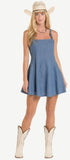 Rock & Roll Denim Women's Buckle Strap Flared Denim Mini Dress – Medium Wash