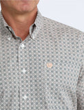 Cinch Men's Long Sleeve White Printed Button Up Shirt featuring intricate pattern and button-down collar.