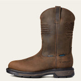 Ariat WorkHog XT Patriot waterproof carbon toe work boot side view with brown leather upper.