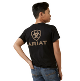 Ariat Youth Barn Shield T-Shirt featuring bold logo graphic on the back, perfect for young cowboys and cowgirls.