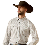 Ariat Men's Wrinkle Free Burnard Classic Fit Snap Shirt with western hat, showcasing classic design and comfortable fit.