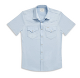 Tecovas Men's Performance Western Short Sleeve Pearl Snap Shirt in Sky color with dual chest pockets.
