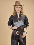 Model showcasing the Wrangler WG331-W115JN Braided Paisley Bandana Wallet with a stylish western outfit.
