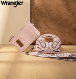 Wrangler Women's Paisley Card and Coin Pouch Set in pink with wrist strap on a tan surface.