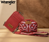 Wrangler Women's Paisley Card & Coin Pouch Set in red with RFID protection and matching wrist strap.
