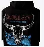 Ariat Men's Bison Bureau Hoodie featuring a bull skull graphic and the text 'Land of the Free' on the back.