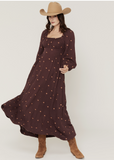 Rock & Roll Denim Womens Embroidered LS Dress In Wine Color BWD2R09404