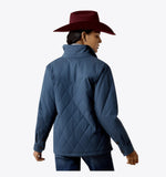 Ariat Women's Grizzly Quilted Barn Jacket in Midnight with a stylish back view, featuring a maroon cowboy hat.