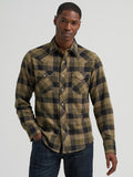 Wrangler Retro Men's Olive Plaid Long Sleeve Flannel Snap Shirt