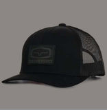 Kimes Ranch Camden Black Logo Patch Trucker Cap with curved bill and mesh back for outdoor enthusiasts.