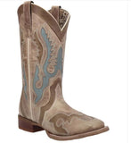 Laredo Women's Ardena Western Boot in tan leather with blue accents and broad square toe design.