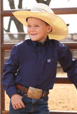 Cinch toddler boys' western shirt in royal blue, paired with a straw hat and denim, perfect for little cowboys.