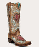 Corral Women's Sand Snip Toe Cowboy Boot featuring heart inlay and embroidery, perfect for stylish western wear.