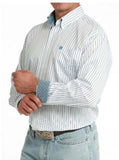 Cinch Men's Classic Fit Pinstripe Long Sleeve Western Shirt with blue embroidered cuffs and a polished look.
