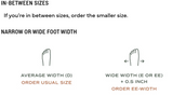 Sizing guide for Tecovas boots, explaining in-between sizes and foot width options.