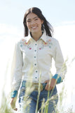 Cruel Girl Women's Floral Embroidered Cream Long Sleeve Snap