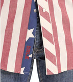 Rock & Roll Denim x Dale Brisby Americano shirt detail featuring American flag design and popper snap closure.